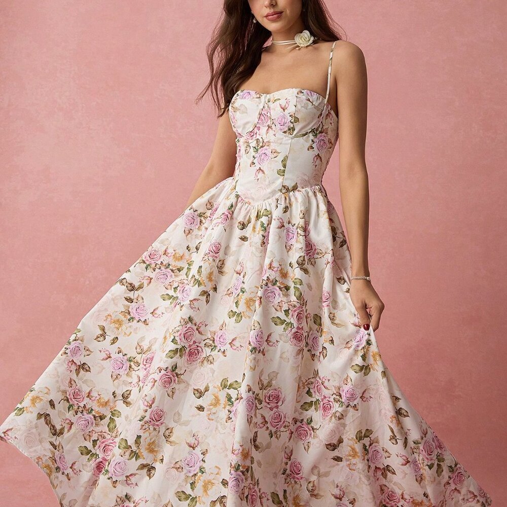White Boho Women's Romantic Vacation Floral Print Spaghetti Strap A-Line Long Dr - Picture 3 of 7